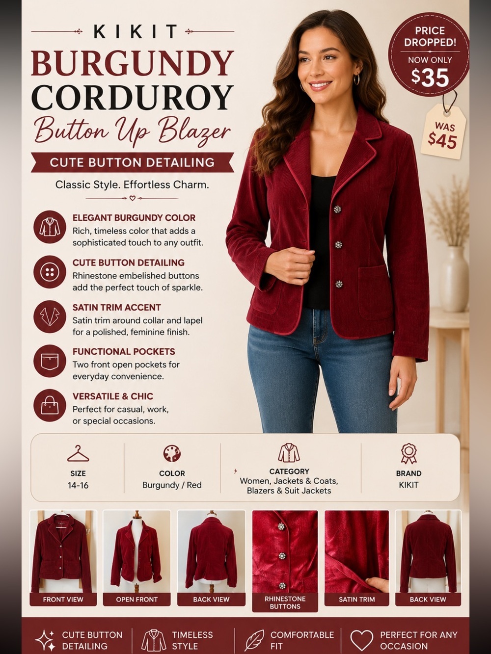 Kikit Jeans burgundy/ red jacket. Cute button detailing.